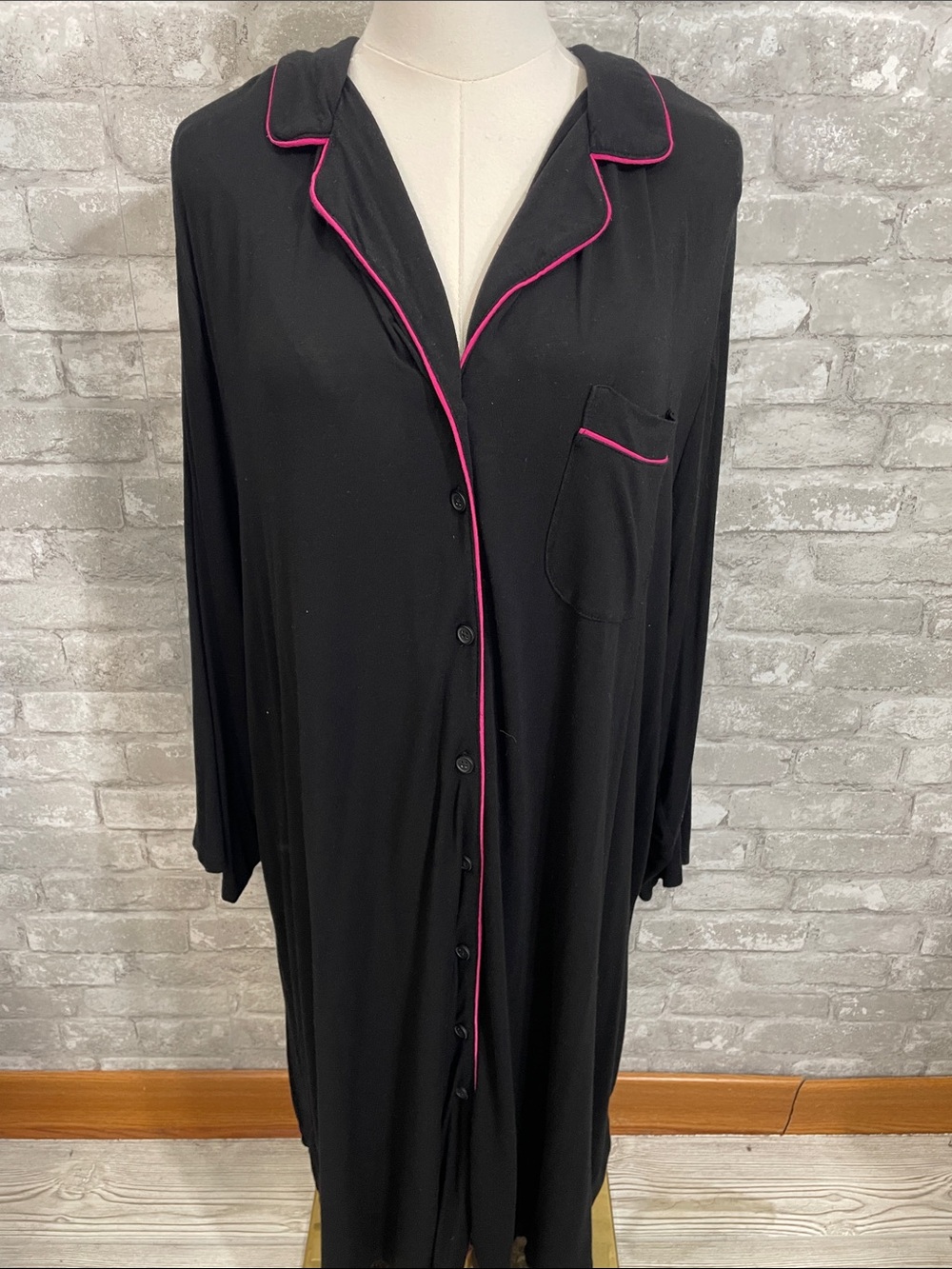 torrid Black Long Button-Front Super Soft Nightshirt with Hot Pink Piping